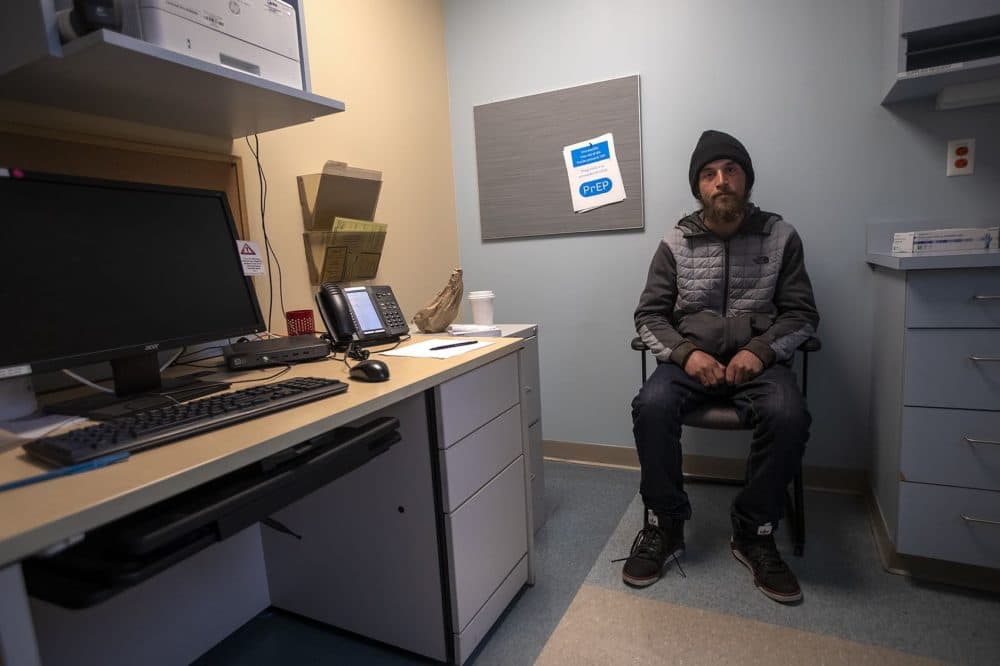 Cody waits in an exam room at Healthcare for the Homeless. (Jesse Costa/WBUR)