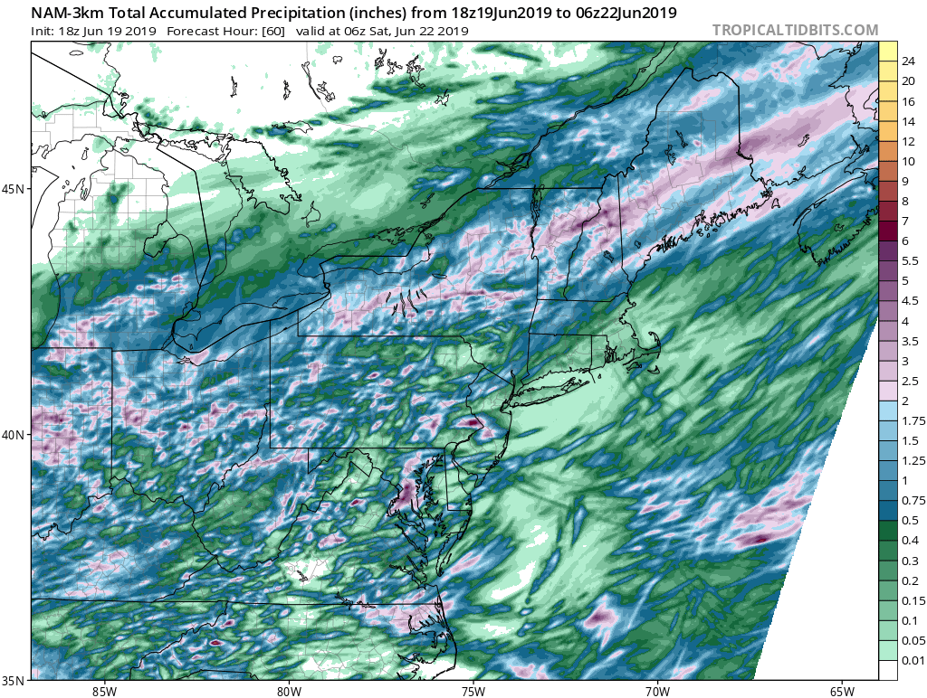 Rainfall will be heaviest north of Boston Thursday into Friday morning. (Courtesy Tropical Tidbits)