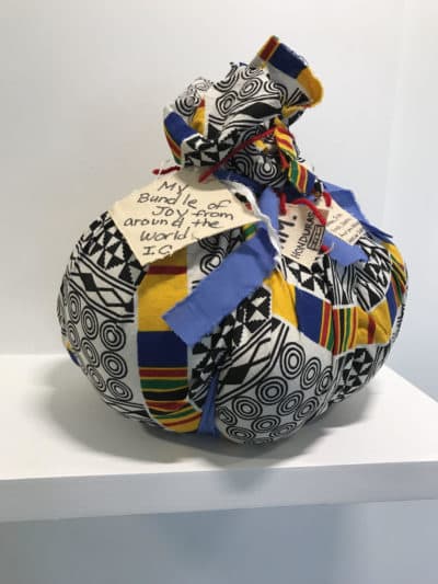One of the bundles from Yu-Wen Wu's exhibition &quot;Leavings/Belongings&quot; at the Pao Arts Center. (Pam Reynolds/WBUR)