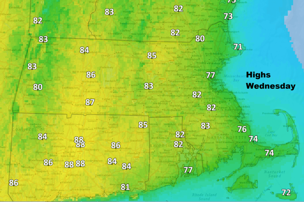 Cooler temperatures along the coast Wednesday are the result of a slight sea breeze. (Dave Epstein/WBUR)