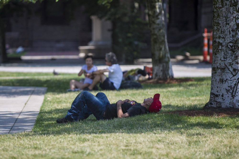 A man lays down in the shade in Boston's Copley Square in this 2018 file photo. (Jesse Costa/WBUR)