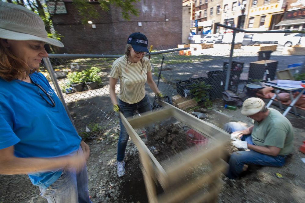 Volunteer Suzie Berlin shakes the soil sifter to reveal any archeological treasures that may be present in this sample. (Jesse Costa/WBUR)