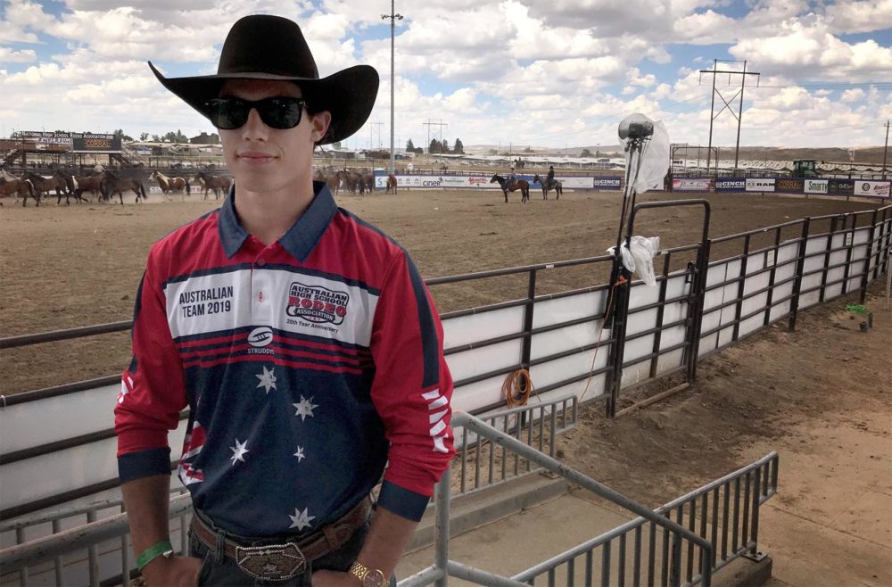 Zane Hall, a 17-year-old bull rider and steer wrestler from Queensland, Australia, took three airplanes with his dad to compete in Wyoming. (Peter O'Dowd/Here &amp; Now)