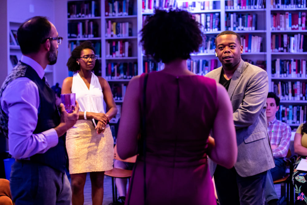 Shahjehan Khan as Adams, Blyss Cleveland as Kim, Rachel Cognata as Christine and Dominic Carter as Michael in the world premiere of Kirsten Greenidge’s play &quot;Greater Good.&quot; (Courtesy Natasha Moustache/A.R.T.)