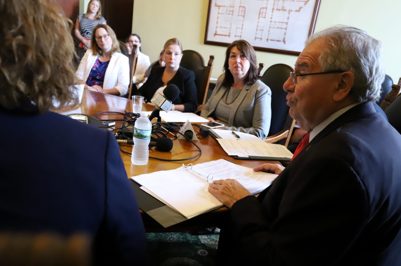 House Speaker Robert DeLeo was joined by (from left) Reps. Christine Barber, Danielle Gregoire, Claire Cronin and other lawmakers Monday to announce new children's health legislation. (Sam Doran/SHNS)