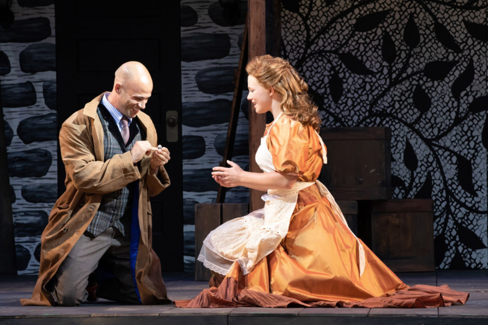 Daniel Duque-Estrada as Posthumus and Nora Eschenheimer as Imogen in Commonwealth Shakespeare Company's &quot;Cymbeline.&quot; (Courtesy Evgenia Eliseeva)