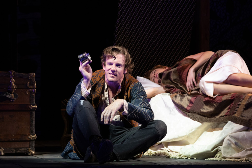 Jesse Hinson as Iachimo and Nora Eschenheimer as Imogen in Commonwealth Shakespeare Company's &quot;Cymbeline.&quot; (Courtesy Evgenia Eliseeva)