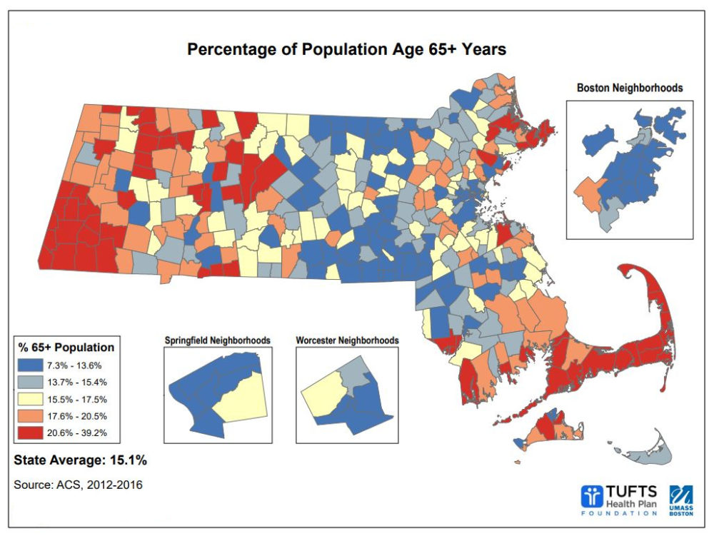 A map of Massachusetts shows census tracts colored in various shades of red, blue, and white according to the percentage of the population over 65-years-old.