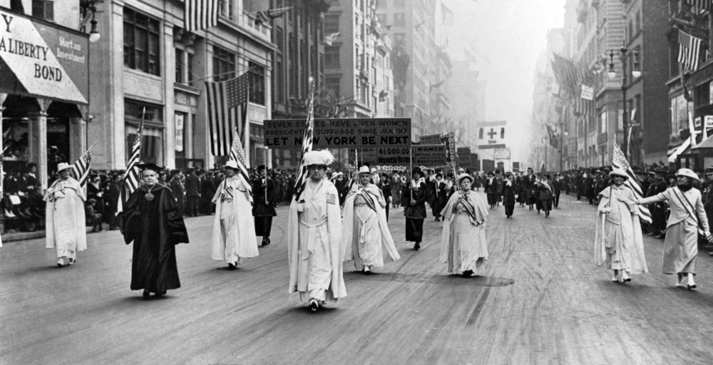 Dr. Anna Shaw and Carrie Chapman Catt, founder of the League of Women Voters, lead an estimated 20,000 supporters in a women's suffrage march on New York's Fifth Ave. in 1915 . (AP Photo)