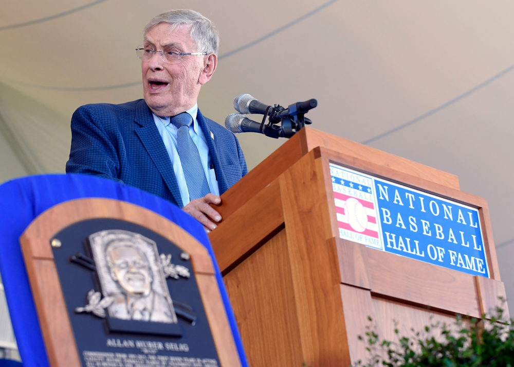 National Baseball Hall of Fame inductee Bud Selig speaks during an induction ceremony at the Clark Sports Center, Sunday, July 30, 2017, in Cooperstown, N.Y. (Hans Pennink/AP Photo)