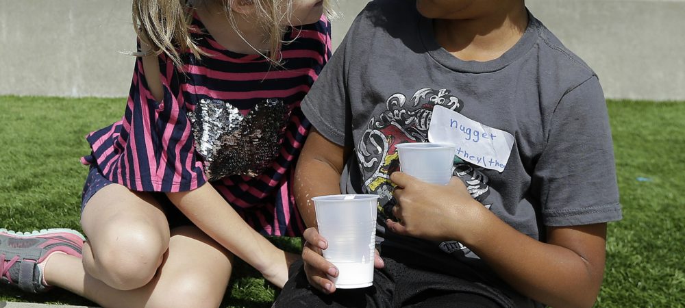 In this 2017 photo, campers Gracie, left, leans toward Nugget during an activity at the Bay Area Rainbow Day Camp in El Cerrito, Calif. The camp caters to transgender and "gender fluid" children, aged 4-12. Nugget's name tag also includes preferred pronouns. (Jeff Chiu/AP)