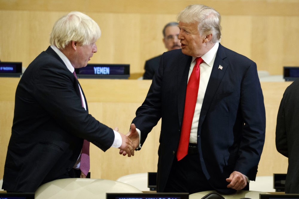 President Trump shakes hands with then British Minister of Foreign Affairs Boris Johnson during a meeting on Sept. 18, 2017, in New York. (Evan Vucci/AP)