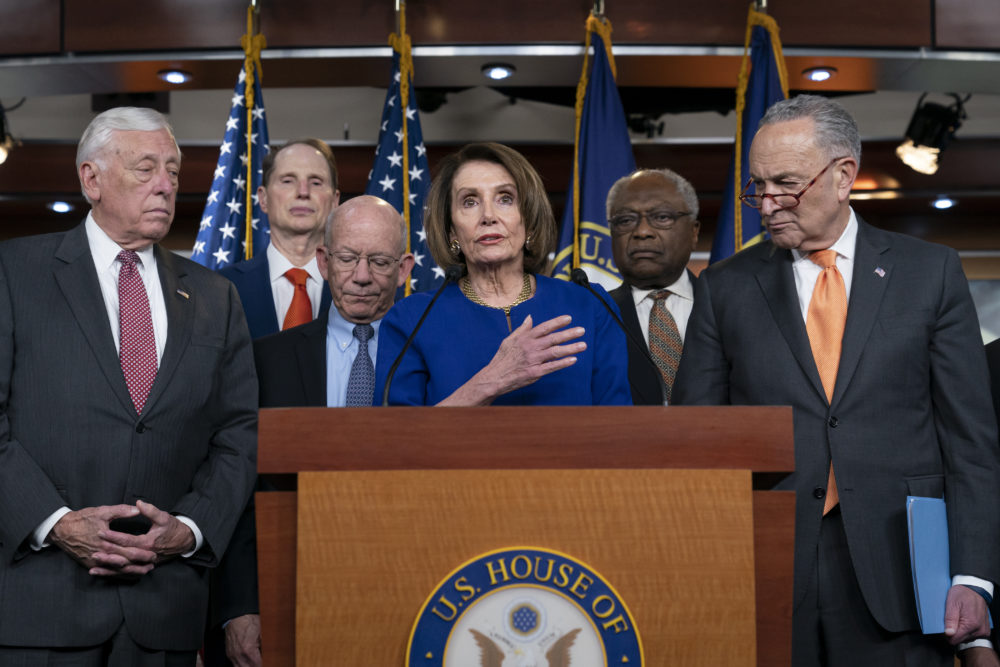 Speaker of the House Nancy Pelosi, D-Calif., center, Senate Minority Leader Chuck Schumer, D-N.Y., right, and other congressional leaders, react to a failed meeting with President Donald Trump at the White House on infrastructure, at the Capitol in Washington, Wednesday, May 22, 2019. From left are House Majority Leader Steny Hoyer, D-Md., Sen. Ron Wyden, D-Ore., House Transportation and Infrastructure Committee Chair Peter DeFazio, D-Ore., Pelosi, House Majority Whip James E. Clyburn, D-S.C., and Schumer. (J. Scott Applewhite/AP)