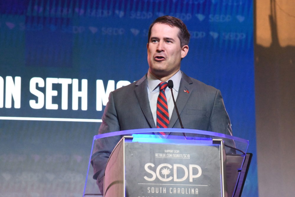 Seth Moulton addresses the South Carolina Democratic Party convention on June 22 in Columbia, S.C. (Meg Kinnard/AP)