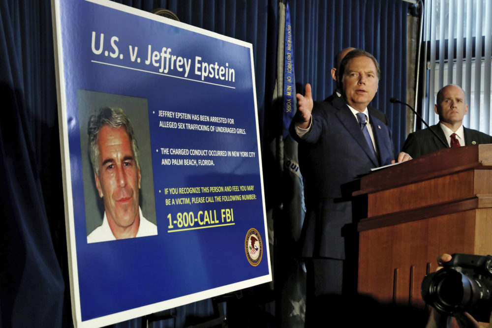 U.S. Attorney for the Southern District of New York Geoffrey Berman speaks during a news conference Monday, where sex trafficking and conspiracy charges were announced against financier Jeffrey Epstein. (Richard Drew/AP)