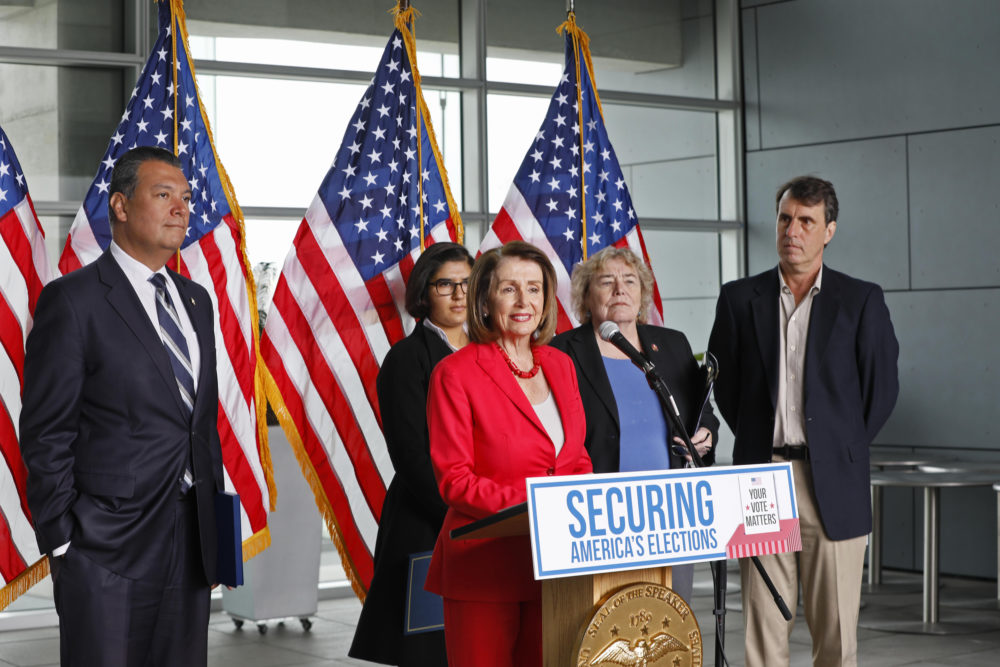 House Speaker Nancy Pelosi speaks during a news conference at the Federal Building in San Francisco on Monday, July 8, 2019. Also pictured from left are California Secretary of State Alex Padilla, Arianna Nassiri of the San Francisco Youth Commission, Chairperson Zoe Lofgren of the House Administration Committee and Trent Lange, president of the California Clean Money Campaign. (Samantha Maldonado/AP)