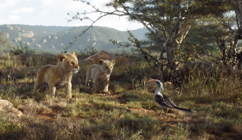 Young Simba, voiced by JD McCrary, young Nala, voiced by Shahadi Wright Joseph, and Zazu, voiced by John Oliver, in a scene from &quot;The Lion King.&quot; (Disney via AP)