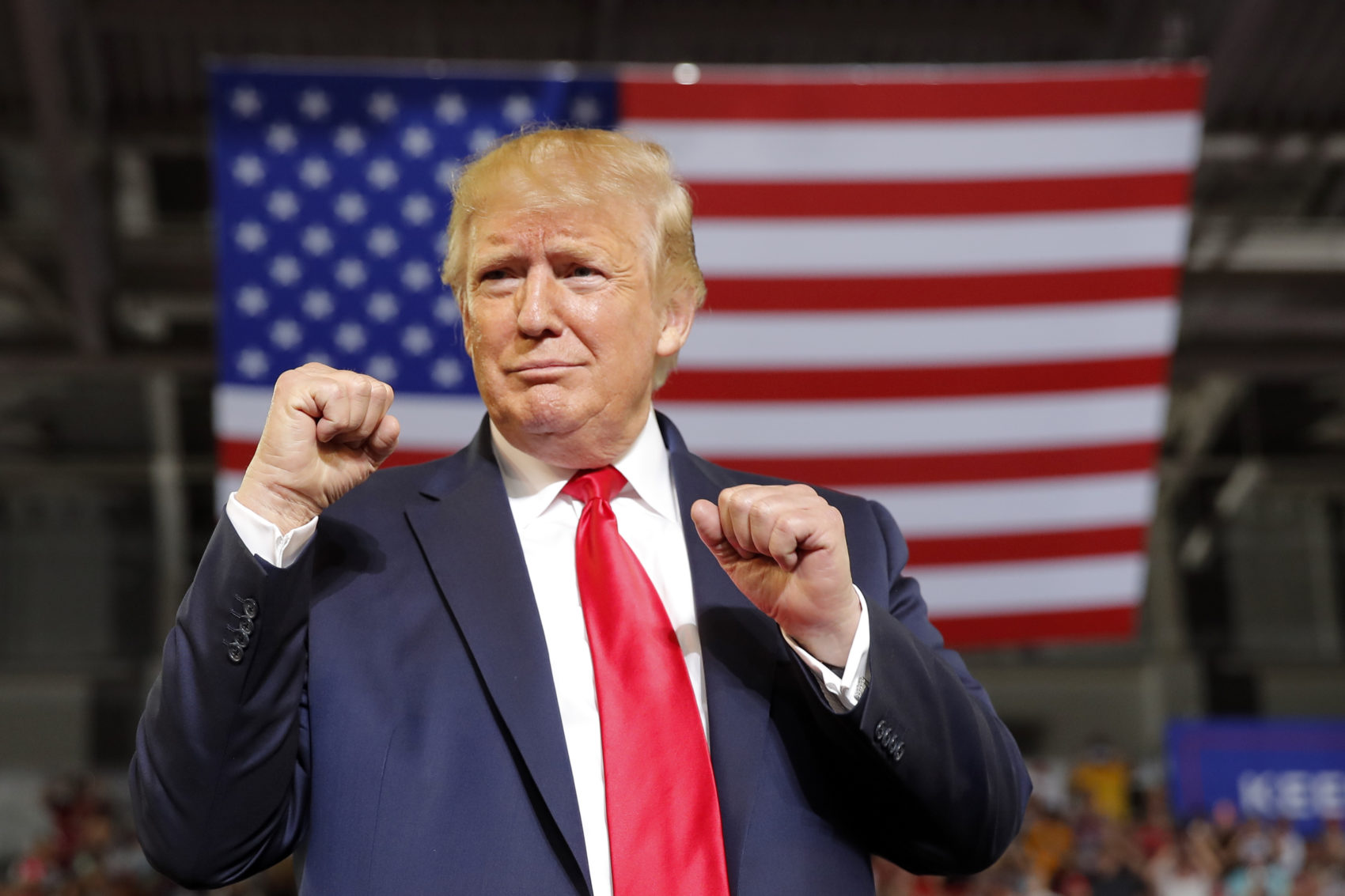In this July 17, 2019, photo, President Donald Trump arrives to speak at a campaign rally at Williams Arena in Greenville, N.C. (Carolyn Kaster/AP)