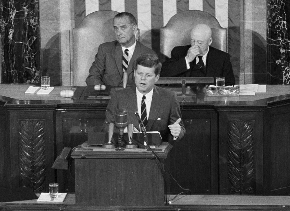 On May 25, 1961, President John F. Kennedy speaks before a joint session of Congress, issuing the challenge for NASA to send a man to the moon. That challenge that was met on July 20, 1969, when Apollo 11's lunar module landed on the moon. (AP)