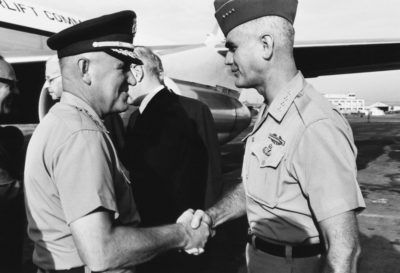 General Creighton W. Abrams with Gen. William Westmoreland in Saigon on May 4, 1967. (Peter Arnett/AP)