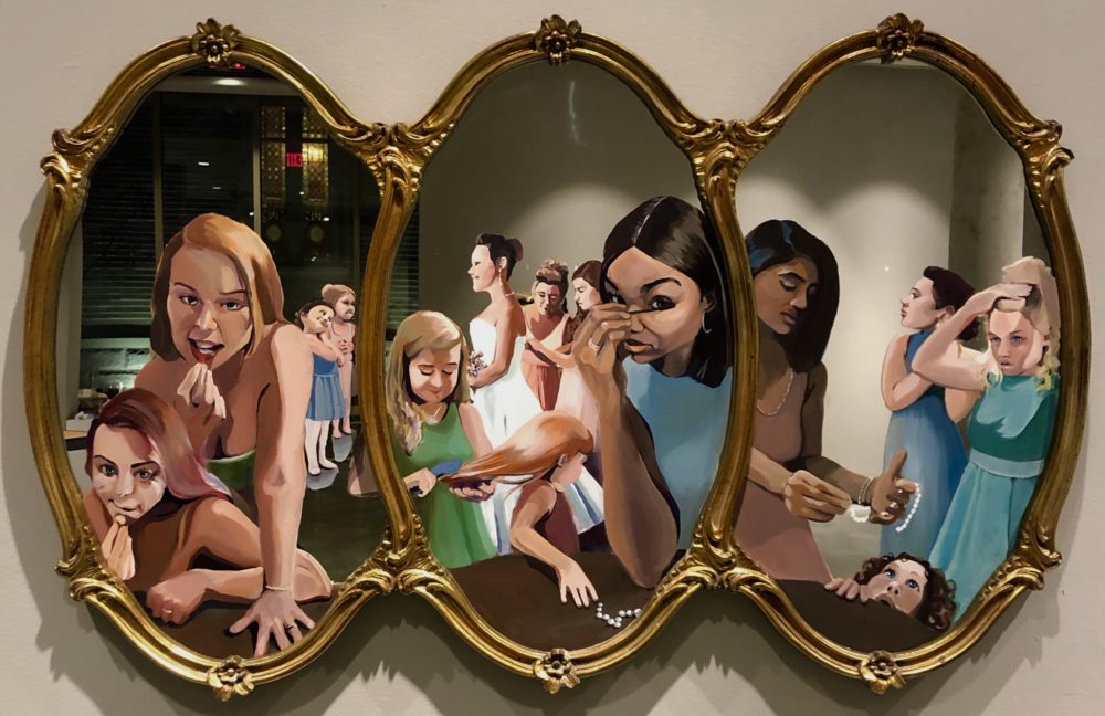 Annie Harrington’s oil painting on a mirror depicts mother-daughter bonding by applying makeup together and getting ready. (Courtesy of the artist)