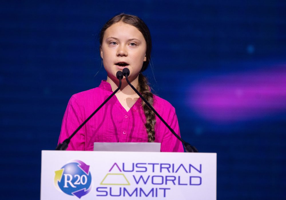 Swedish climate activist Greta Thunberg gives a speech during the opening ceremony of the R20 Regions of Climate Action Austrian World Summit in Vienna, Austria, on May 28, 2019. (Georg Hochmuth/AFP/Getty Images)