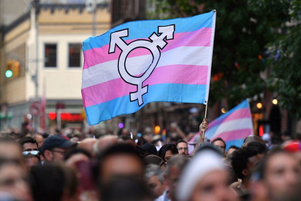 A transgender pride flag waves as people gather for a rally to mark the 50th anniversary of the Stonewall riots. (Angela Weiss/AFP/Getty Images)