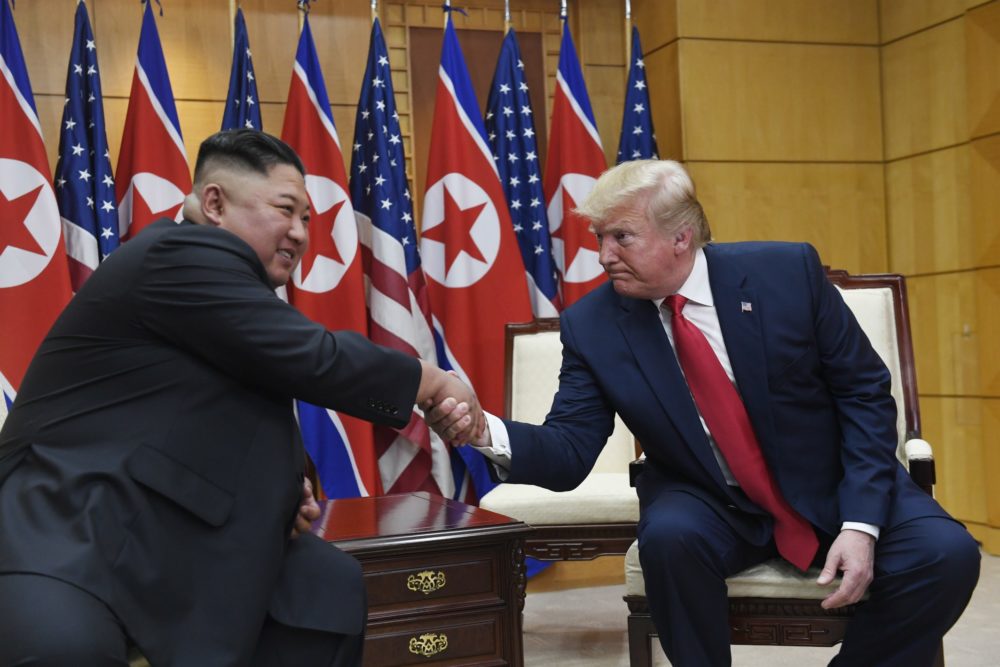 President Donald Trump meets with North Korean leader Kim Jong Un at the border village of Panmunjom in the Demilitarized Zone, South Korea, Sunday, June 30, 2019. (Susan Walsh/AP)