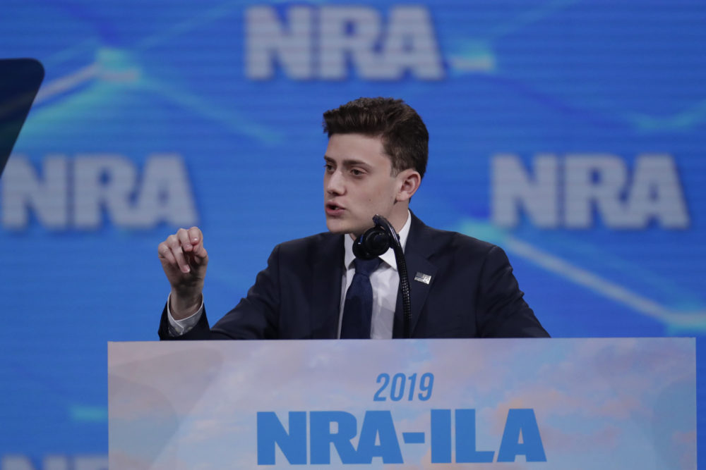 Kyle Kashuv, survivor of the Marjory Stoneman Douglas High School shooting, speaks at the National Rifle Association Institute for Legislative Action Leadership Forum in Lucas Oil Stadium in Indianapolis, Friday, April 26, 2019. (Michael Conroy/AP)