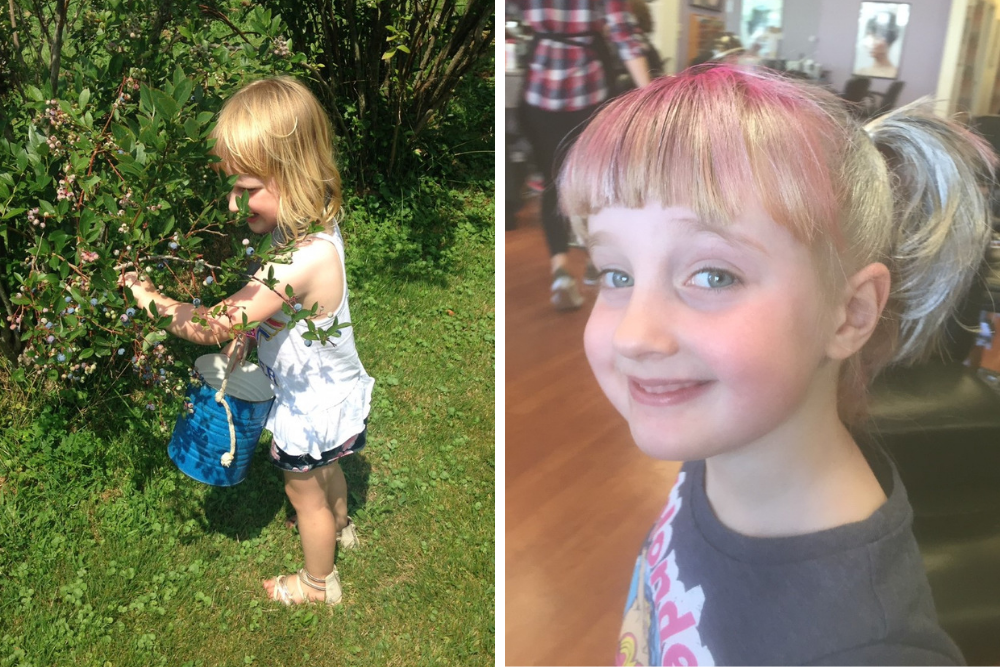 Jen Turner's daughter Margaret, 4, picks blueberries and shows of her pink hair. (Courtesy)