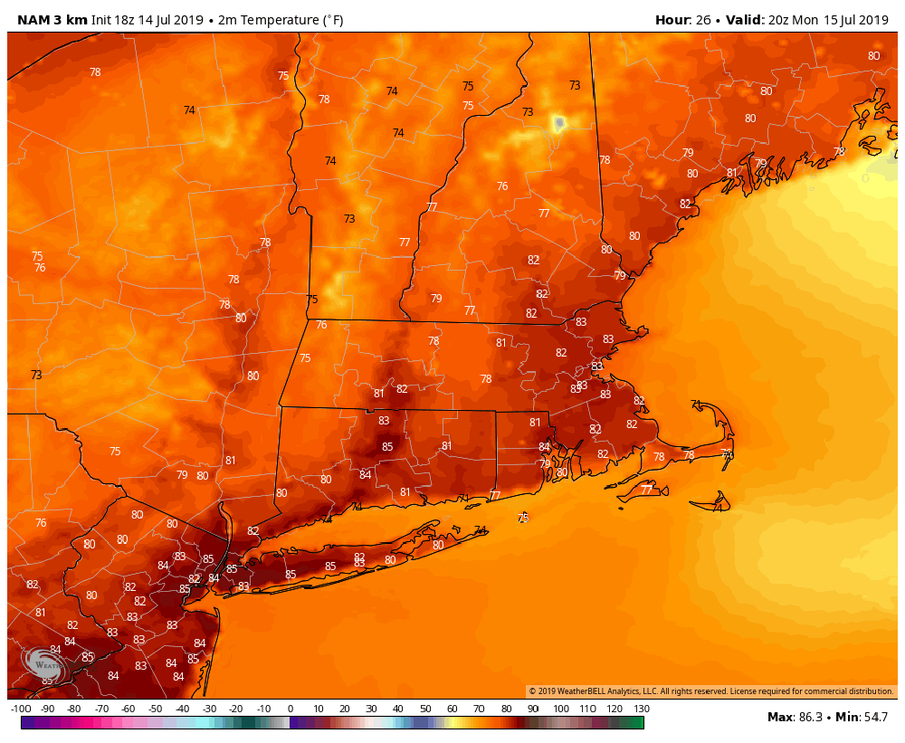 Warm weather continues to start the new work week. (Courtesy WeatherBell)