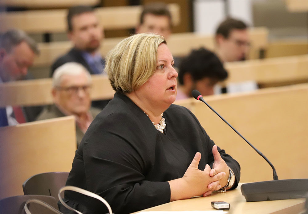 Former Registrar of Motor Vehicles Erin Deveney, who resigned amid a scandal about the RMV's failure to process out-of-state violations, testifies at an oversight hearing on July 30, 2019. (Sam Doran/SHNS)