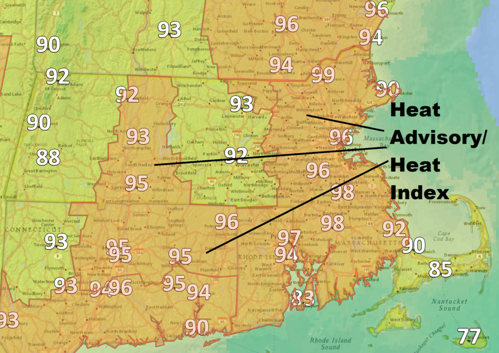 A Heat Advisory is posted for Tuesday. These numbers show how it will feel around 3 p.m. (Courtesy NOAA)