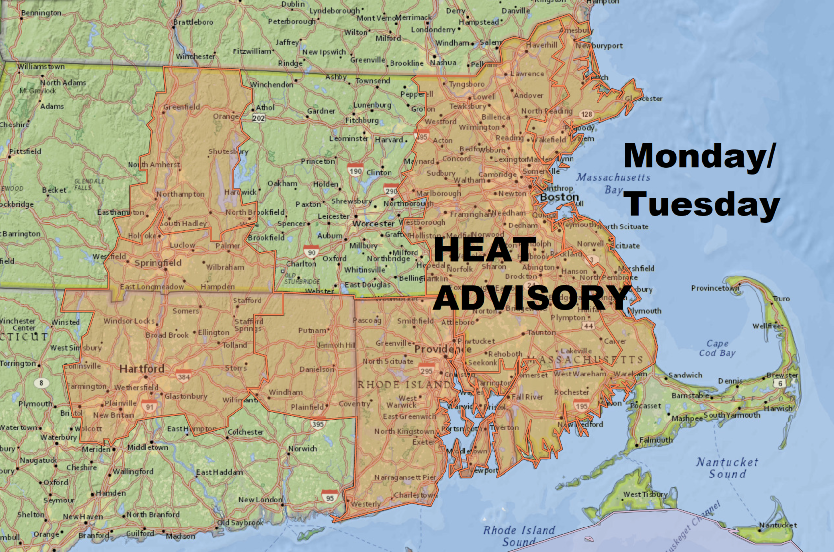 Heat Advisories are posted for the most populous areas of southern New England. (Courtesy NOAA)