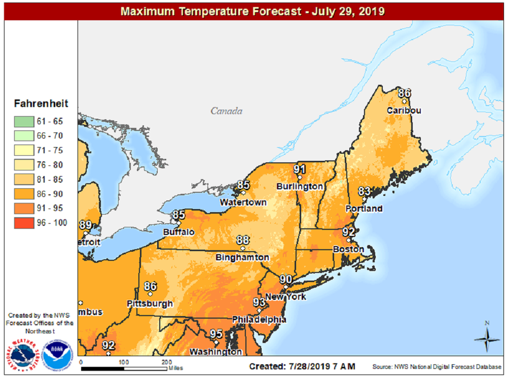 Hot weather continues with many areas reaching 90 or higher this afternoon. (Courtesy NOAA)