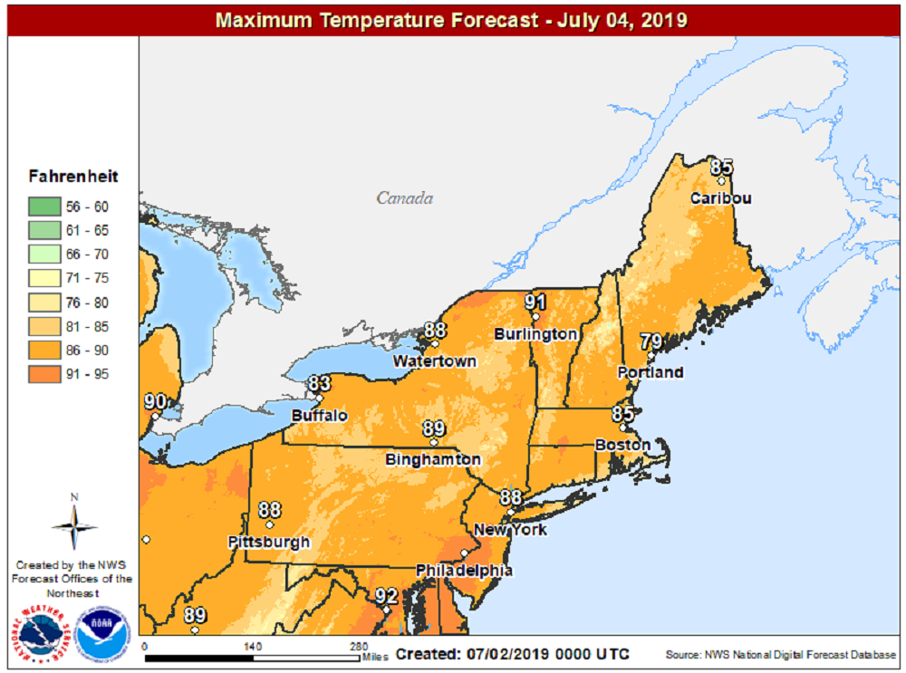 A nearly ideal temperature pattern will be found for July Fourth this year. (Courtesy NOAA)