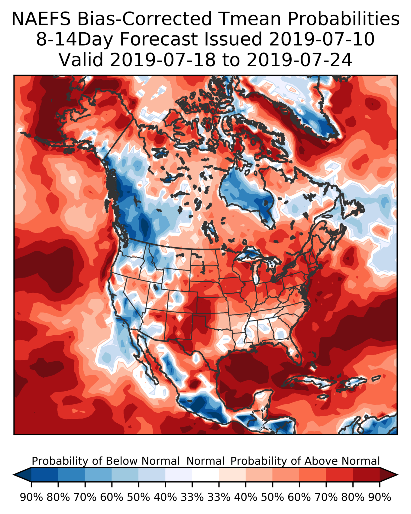 Warmer than average conditions are likely for much of the rest of July. (Courtesy NOAA)