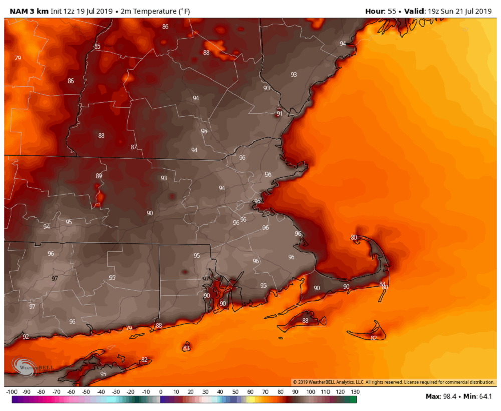 Highs Sunday will be between 95 and 100 and will feel as hot as 108 with the humidity. (Courtesy WeatherBell)