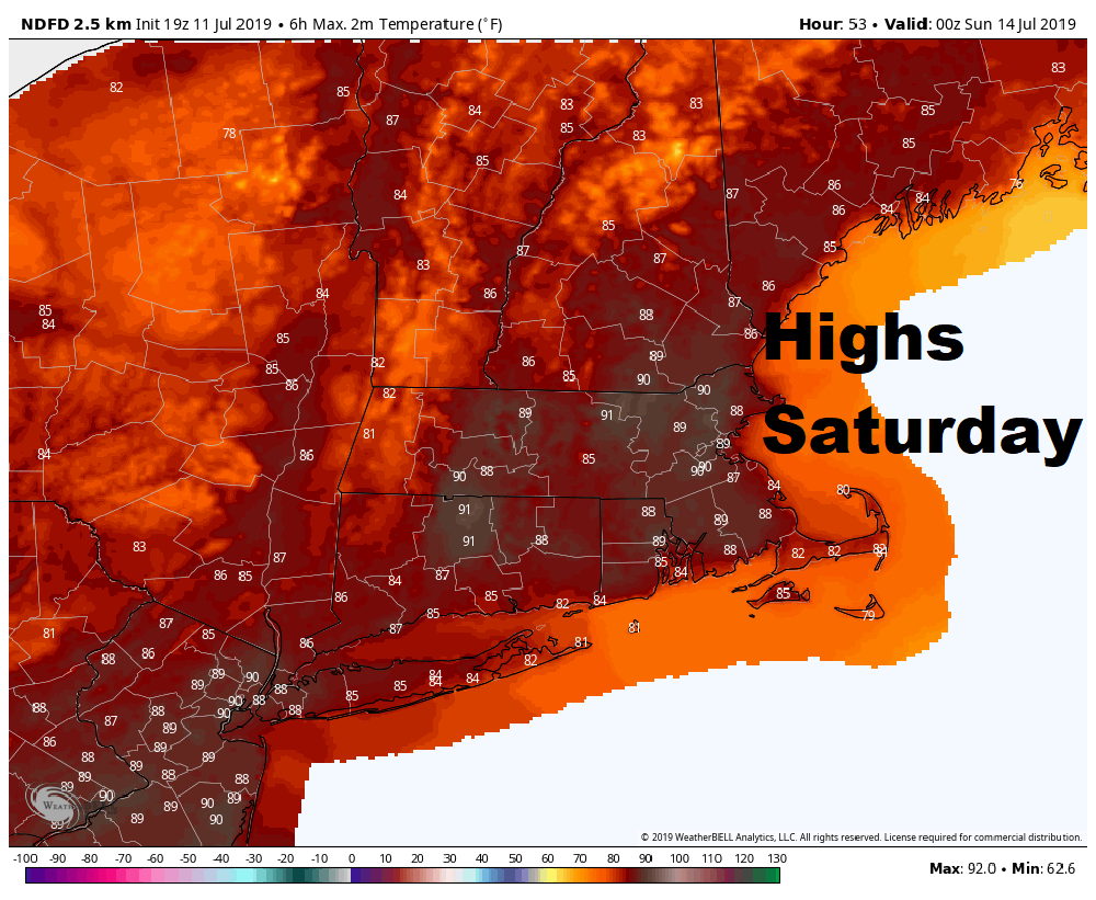 Saturday will be very warm across the northeast. (Courtesy WeatherBell)