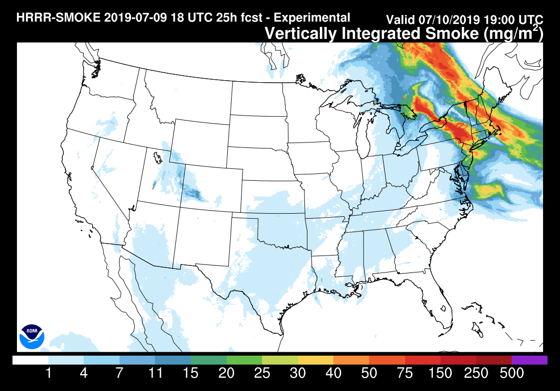 Skies may be milky white today as the smoke from forest fires in Canada. (Courtesy NOAA)