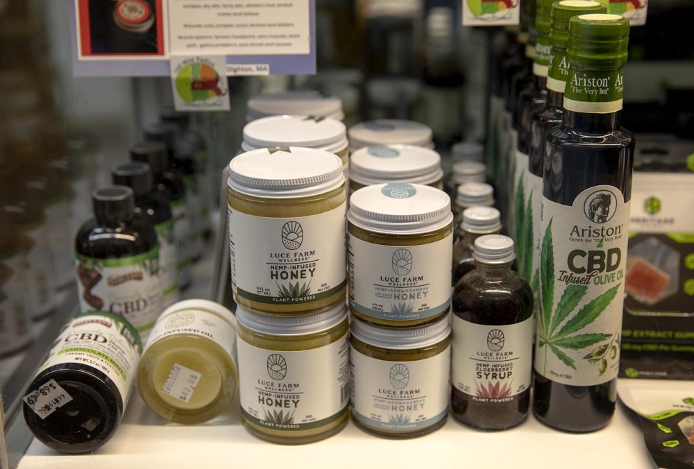 CBD-infused honey, syrup and olive oil are seen at Cornucopia. (Robin Lubbock/WBUR)