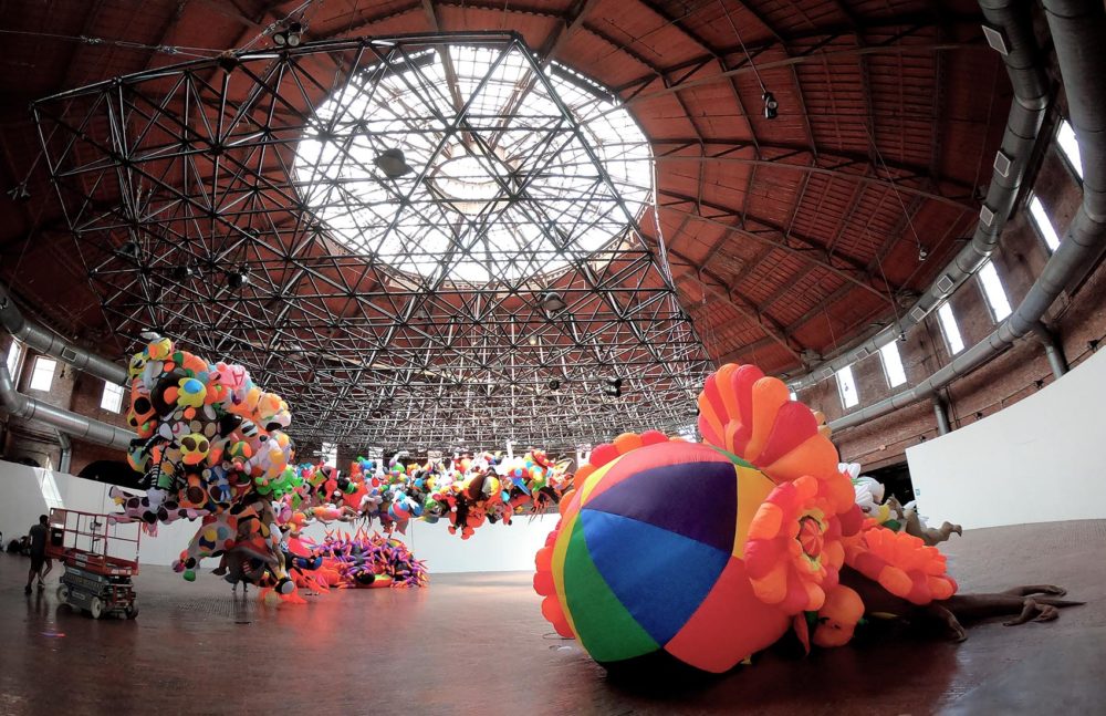 &quot;Augment&quot; in the process of installation at the Cyclorama. (Robin Lubbock/WBUR)