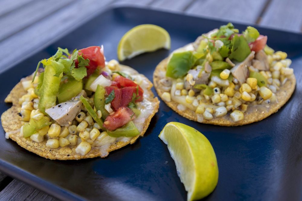 Grilled corn and chicken tacos on corn tortillas (Jesse Costa/WBUR)