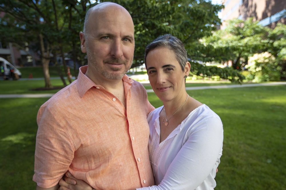 Lauren Corduck and her husband and caregiver Robb at MGH (Jesse Costa/WBUR)