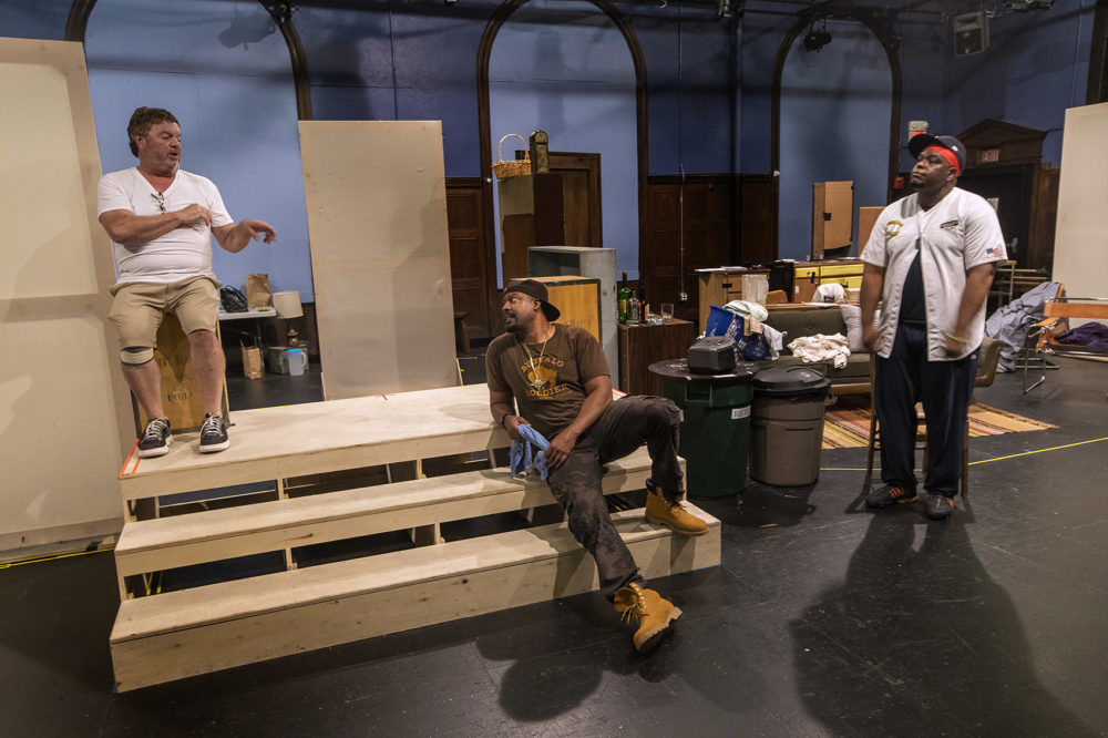John Scurti as Gerry, Morocco Omari as Lamont, and J. Bernard Calloway as Mr. Bugz rehearse the opening scene of &quot;The Purists.&quot; (Jesse Costa/WBUR)