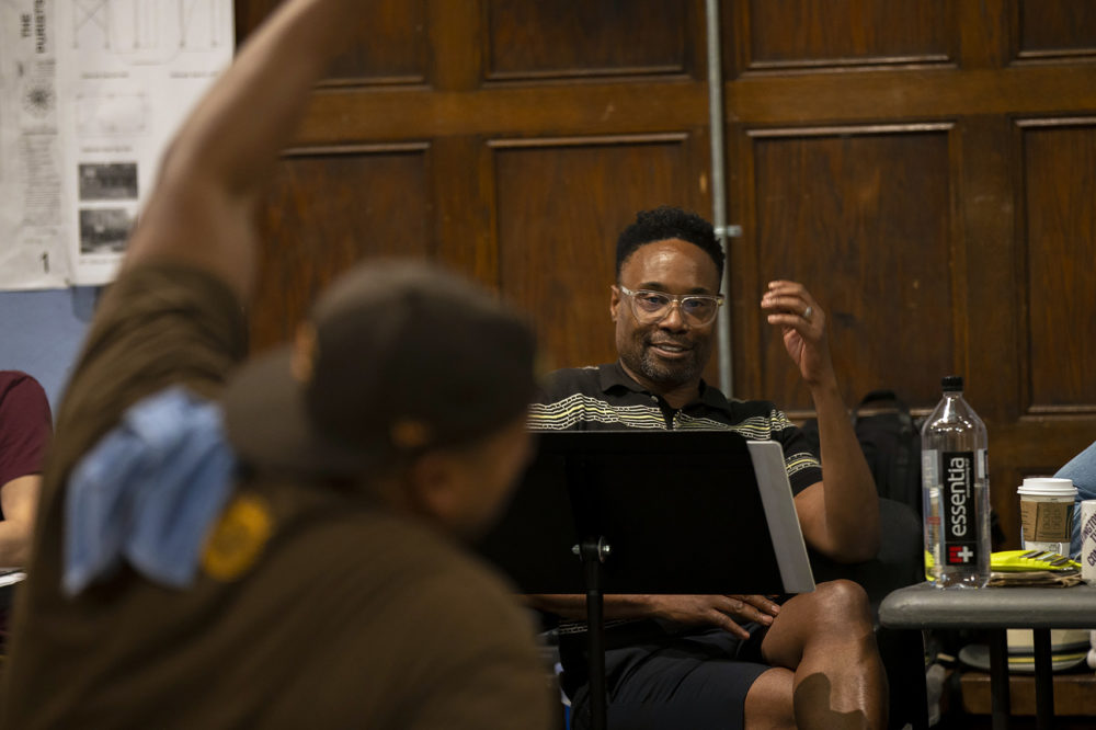 Director Billy Porter reacts during a rehearsal of the opening scene of &quot;The Purists.&quot; (Jesse Costa/WBUR)