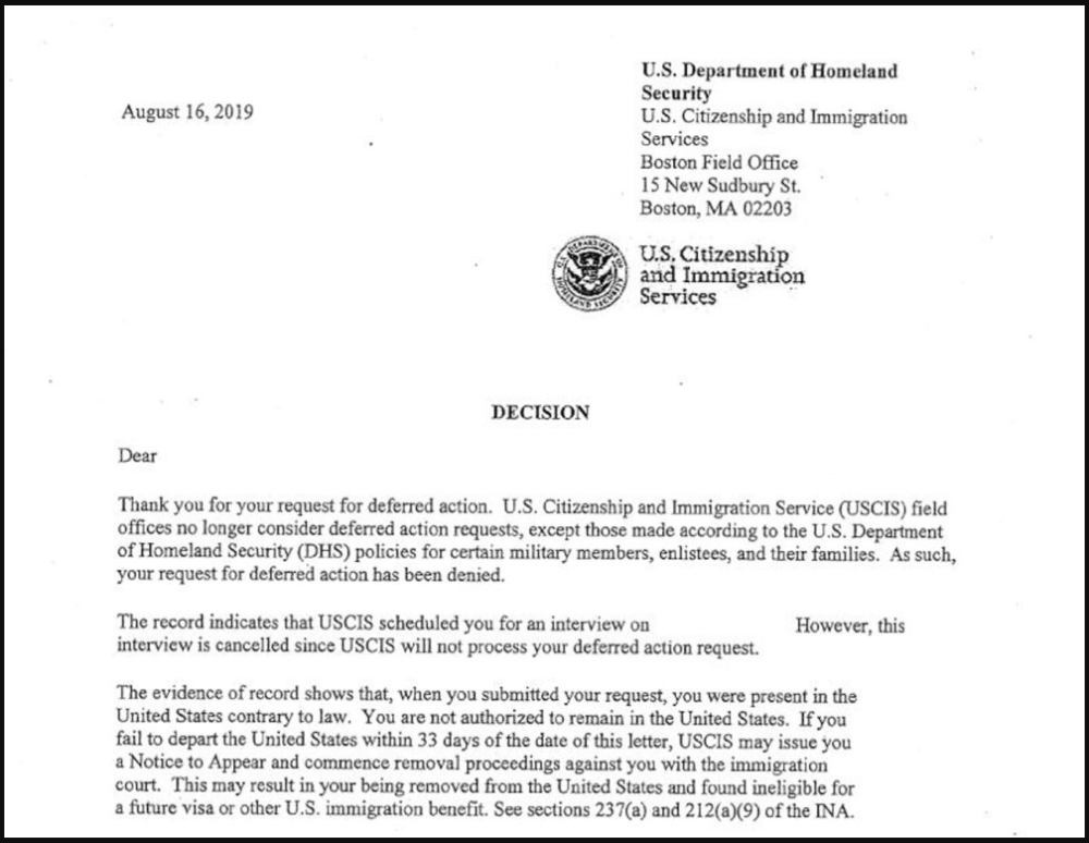 An apparent form letter response obtained by WBUR addressed to a person -- whose name has been redacted by legal counsel -- seeking a medical deferral for removal from the U.S. (Courtesy IIIC)