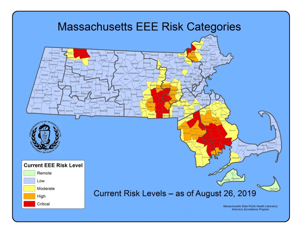 A map shows the current risk levels for EEE in Massachusetts communities. (Courtesy Executive Office of Health and Human Services)