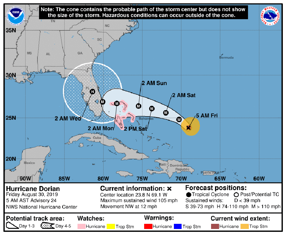 The latest track of Hurricane Dorian. (NOAA)