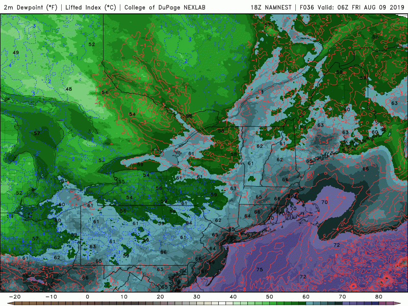 Much lower dew points, indicated in green, will flow into the region Friday. (Courtesy COD Weather)